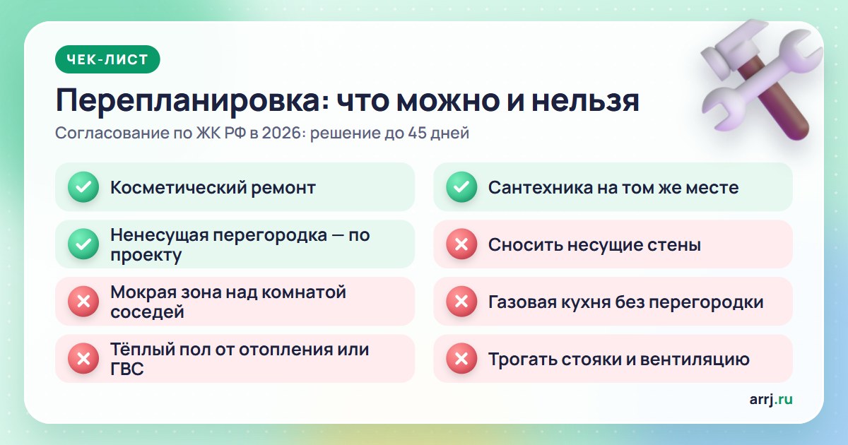 Перепланировка квартиры: что можно и что нельзя — несущие стены, мокрые зоны, газовая кухня, согласование в 2026