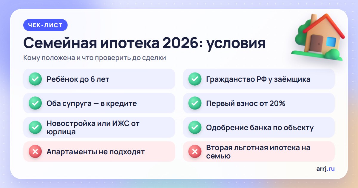 Семейная ипотека 2026: условия — ребёнок до 6 лет, оба супруга в кредите, взнос от 20%, какое жильё подходит